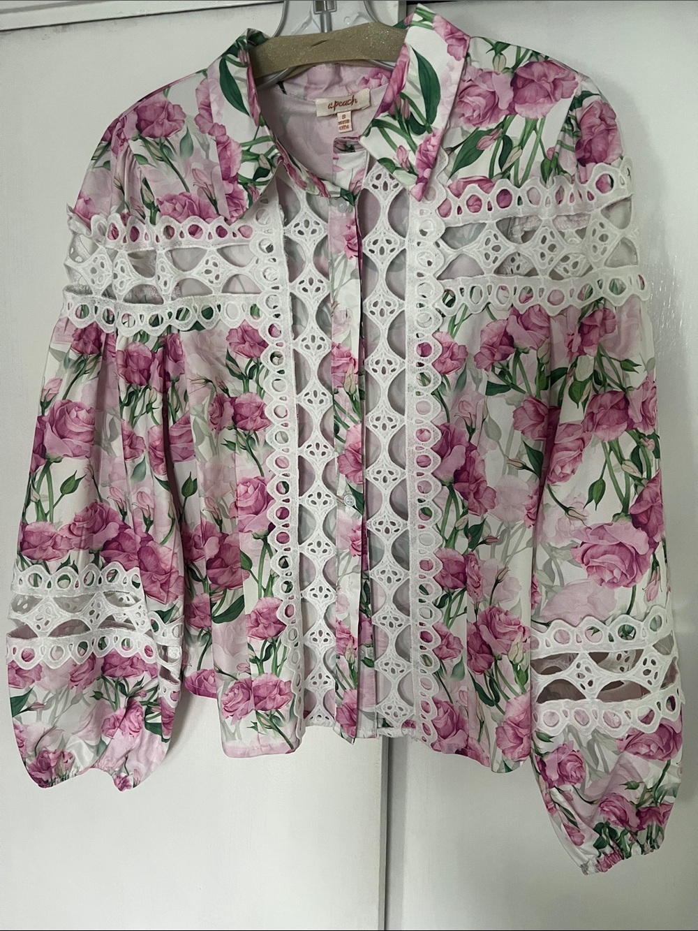 Floral Lace-Trim Pink Button-Up Blouse